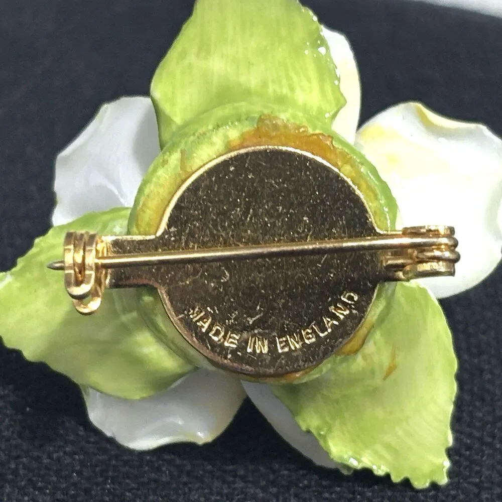 Vintage Porcelain Flower Brooch Made In England Yellow White Rose Bone China